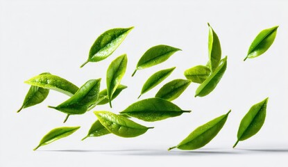 Fresh green tea leaves in mid-air