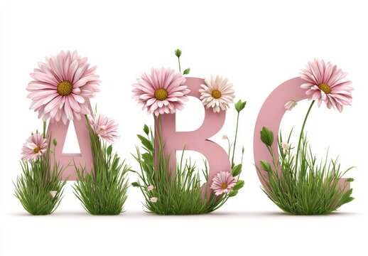 Pink letters A B C surrounded by flowers and grass on a white background - Powered by Adobe