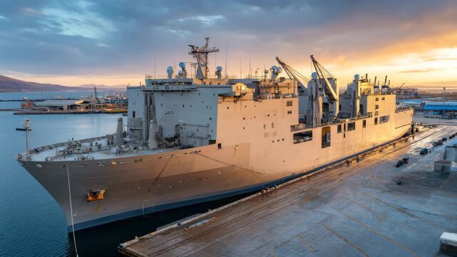 A large naval supply ship is docked at a busy port as the sun sets, casting warm colors across the sky and reflecting on the calm waters of the harbor