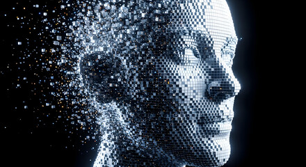 Digital human head made of shimmering particles, whisking into data. Represents artificial intelligence, evolving identity, and the technological future of consciousness