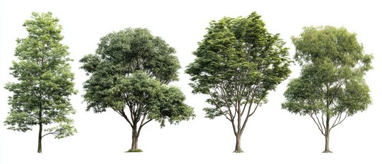 Four different trees against a white background.  Green foliage on tall, slender trunks