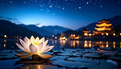 Enchanting lotus bloom serenely amidst tranquil waters under starry twilight