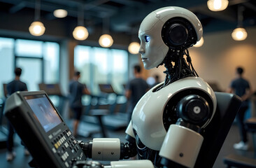 The robot works at a computer, solving complex tasks. The concept of artificial intelligence for the industrial revolution and automation of production processes.