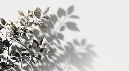 A muted gray-toned sprig casts intricate shadows on a white background