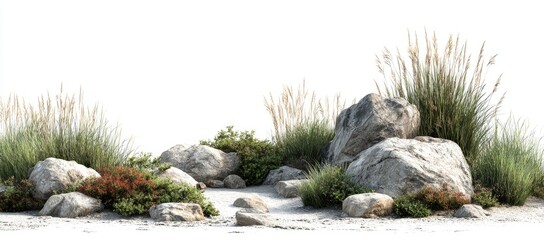 Rocky outcrop with varied grasses and shrubs