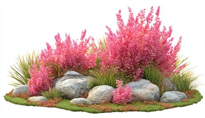 Pink flowering shrubs and grasses nestled amongst rocks
