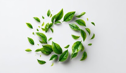 Green tea leaves swirling in a circle