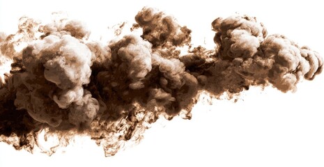 Abstract, textured, swirling clouds of dark brown ink or smoke against a stark white background