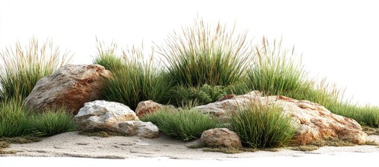 Dryland grasses and rocks on a sandy bed