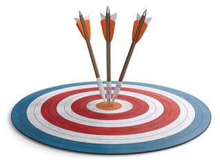 Three arrows embedded in the bullseye of a circular target