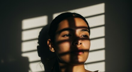 Portrait of a young woman bathed in sunlight streaming through blinds
