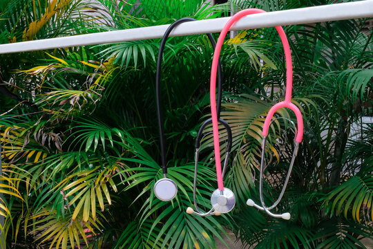 A stethoscopes hank on a clothesline in garden.