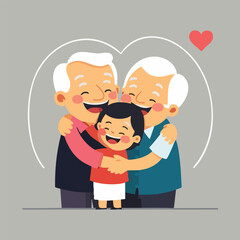 Happy Grandparents Day vector with grandparents and grandchildren in cozy home and outdoor scenes, minimal flat solid color design, ideal for cards, banners, and social media.