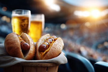 A couple of hot dogs are in a basket next to two glasses of beer