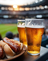 A couple of beers and hot dogs are on a table in front of a stadium