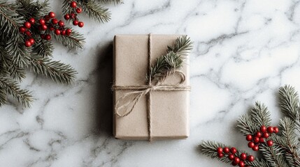 ecofriendly gift box with twine on marble surface surrounded by pine branches and red berries minimalist christmas or holiday flatlay with natural elements