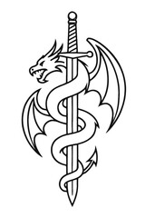 Line Art Dragon Wrapped Around Sword Vector Icon - Fantasy Mythology Emblem Design