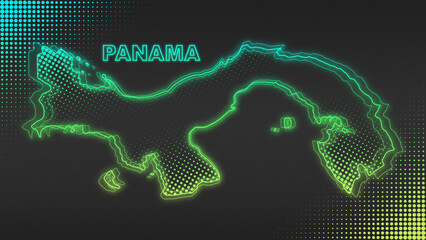 Neon Blue-Yellow Panama Map Outline Futuristic Glow Halftone Illustration