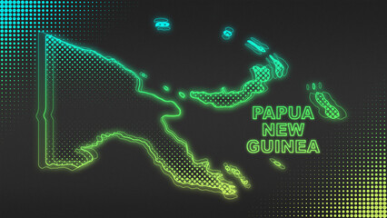 Neon Blue-Yellow Papua New Guinea Map Outline Futuristic Glow Halftone Illustration