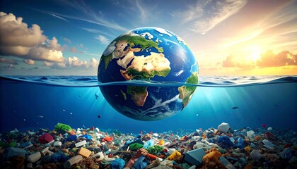 Devastating Pixelated Earth Globe Floating Above Trash-Filled Ocean Realm