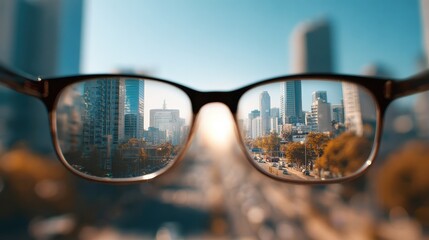 modern bright city view through eyeglasses blurry background vision concept no logos no brands ar 169