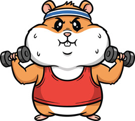 Naklejka premium Cartoon Hamster Exercising with Dumbbells Wearing Headband and Tank Top rodent animal
