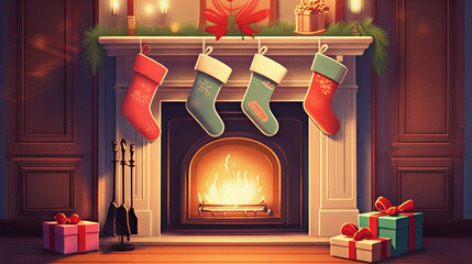 Cozy Holiday Fireplace with Christmas Stockings and Gifts