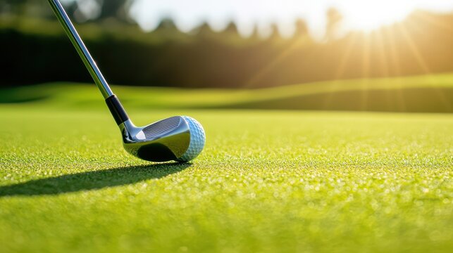 A close-up of a golf club poised over a grassy green, illuminated by sunlight, capturing the essence of the sport in a tranquil setting. - Powered by Adobe