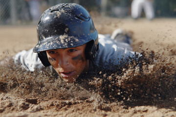 A baseball player is sliding into a base