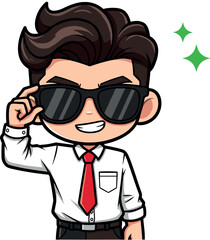Confident cartoon businessman adjusting sunglasses with charisma, stylish office attire, cool attitude, sparkle icons, professional character illustration for branding