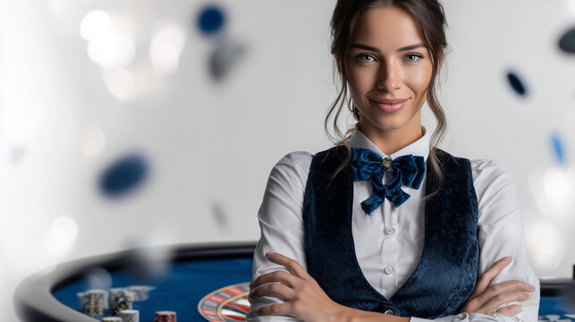 Female Croupier in Blue Vest with Casino Chips Falling