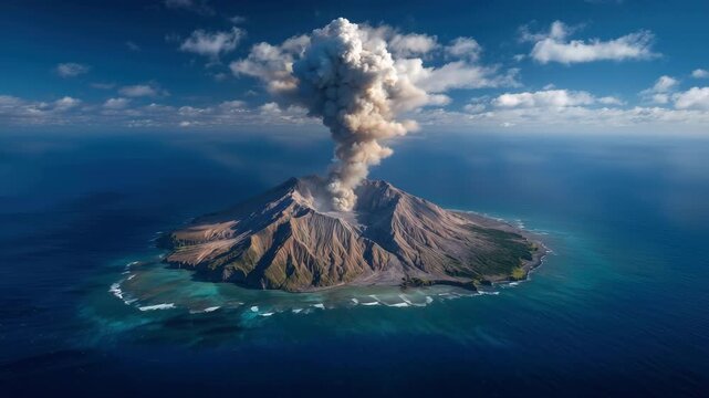 An impressive volcanic eruption occurs, releasing thick ash clouds into the blue sky. The island landscape is impacted as the earth rumbles and smoke fills the air