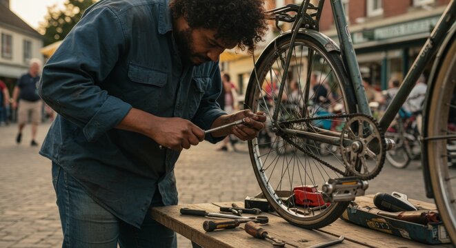 Focused Mechanic Repairing a Bicycle Wheel at a Street Market Fair