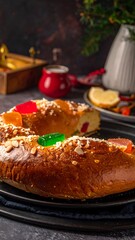 Festive ring cake, sliced, with colorful candies