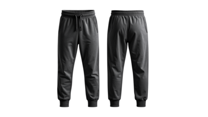 A pair of empty black joggers or sweatpants with a drawstring waist, displayed from both front and rear perspectives. Blank apparel mockup isolated on a clean white background