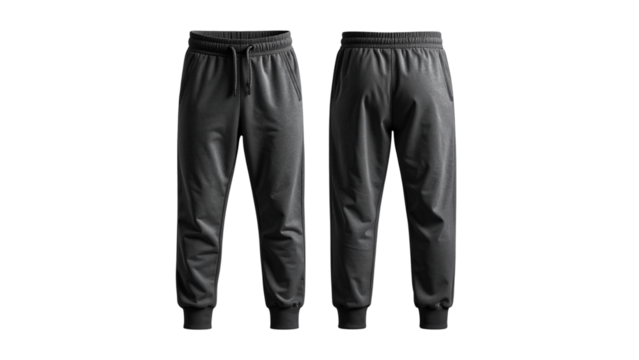 A pair of empty black joggers or sweatpants with a drawstring waist, displayed from both front and rear perspectives. Blank apparel mockup isolated on a clean white background