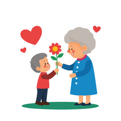 Happy Grandparents Day vector with grandparents and grandchildren in cozy home and outdoor scenes, minimal flat solid color design, ideal for cards, banners, and social media.