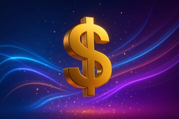 3D Golden Dollar Symbol with Neon Light Waves on Gradient Background &ndash; Finance Concept