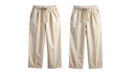 Pair of stylish casual beige drawstring trousers with a relaxed fit, isolated on a clean white background for fashion concepts
