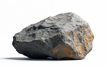 Fototapeta premium Single rough gray boulder isolated on white background. Textured natural stone with visible mineral deposits. Solid object ideal for geology, construction, or design projects.