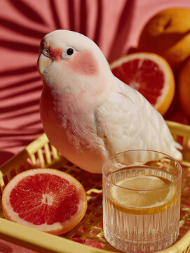 A soft pink parrot sits among citrus fruits and a glass of lemon water in a warm vibrant composition. Fresh tropical still life with playful color harmony and modern style.