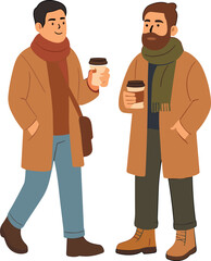 Two men dressed in autumn coats and scarves are standing and talking while holding takeaway coffee cups, enjoying a casual outdoor moment.