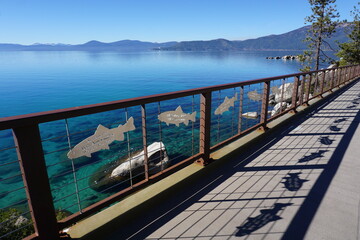 wooden fence of bike trail near lake Tahoe, CA, USA, on a sunny day with commemoratives metal fishes sculptures,