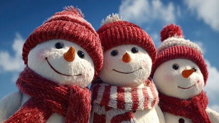 three cheerful snowmen in red hats and scarves playfully posed against a clear blue winter sky winter wonderland adorable