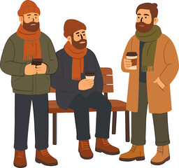 Three bearded men dressed in winter coats, scarves, and boots gather around a bench on a chilly day, holding takeaway coffee cups as they chat and share a moment together.