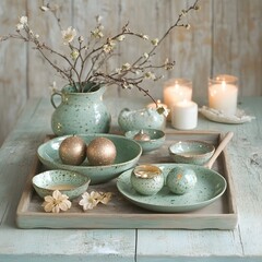 Rustic Teal Ceramic Table Decor with Candles and Branches