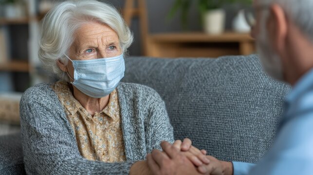 elderly woman talking with a doctor while holding hands at home and wearing face protective mask worried senior woman talking to her general practitioner visiting her at home during virus epidemic  n