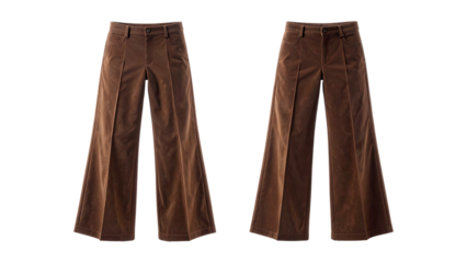 Stylish brown corduroy wide-leg trousers with a flared silhouette, shown in two views on a white background.