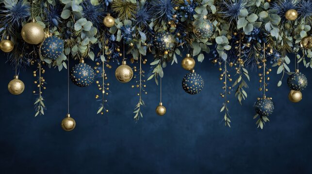 christmas decoration background display concept design with festive garland gold baubles dark blue backdrop winter holiday elegant scene illustration idea