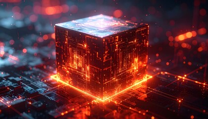 Glowing Digital Cube on Circuit Board Futuristic Technology Illustration